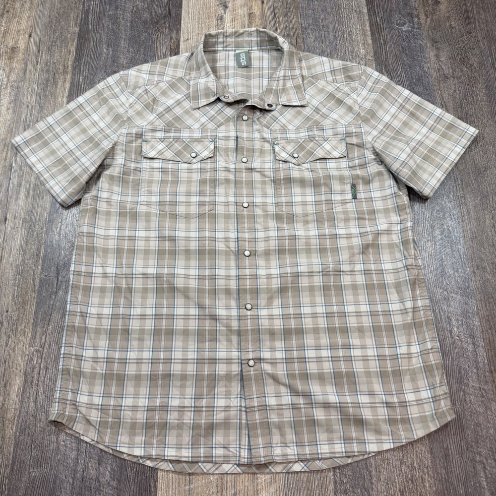 Stio Shirt Button Down Mens Sz L Tan Plaid Short Sleeve Western Pearl Snap Nylon